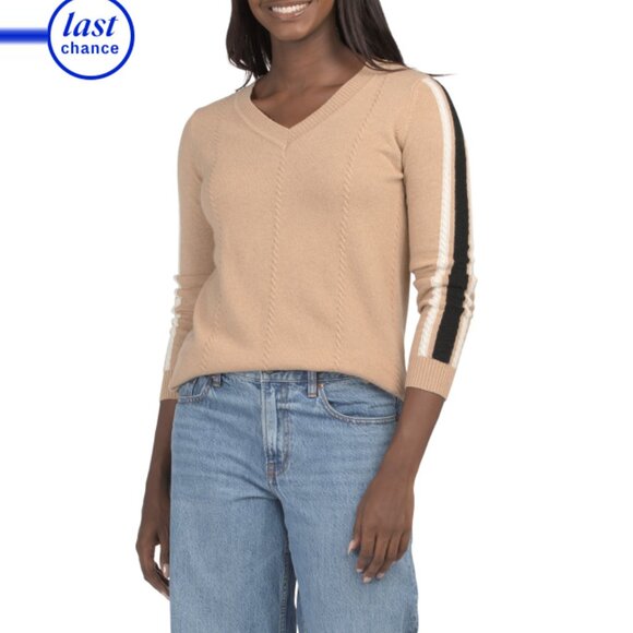 EDINBURGH KNITS Camel Cashmere Alexa V-neck Sweater - Picture 1 of 2